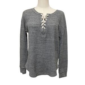 Splendid Thermal Top Medium Gray Waffle Knit Lace Up Casual Cozy